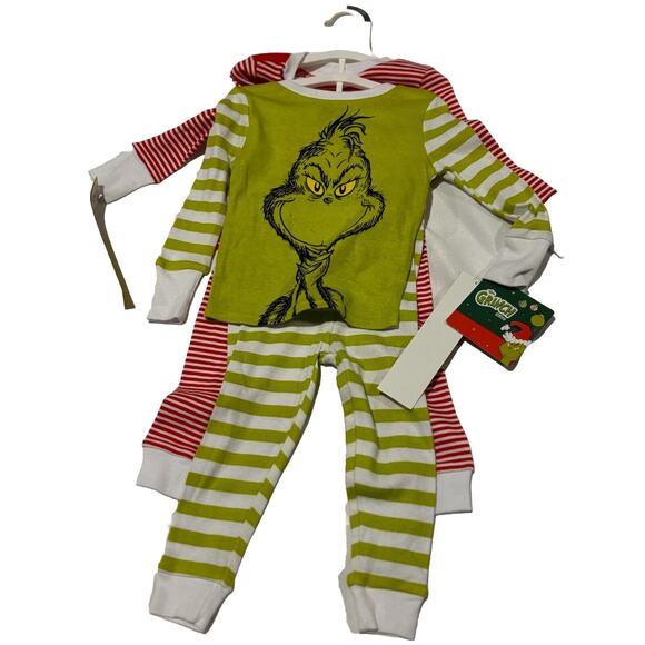 New 2 Sets The Grinch Dr. Suess Green Striped & Santa Pajamas Size 18M Holiday - Picture 1 of 5